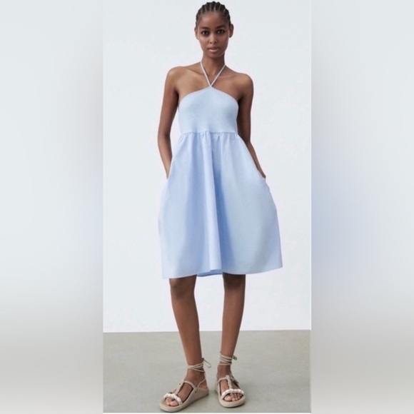 NWT Zara Halter Neck Mini Dress Blue - Picture 1 of 9
